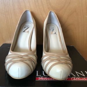 Cream and tan stripe heels